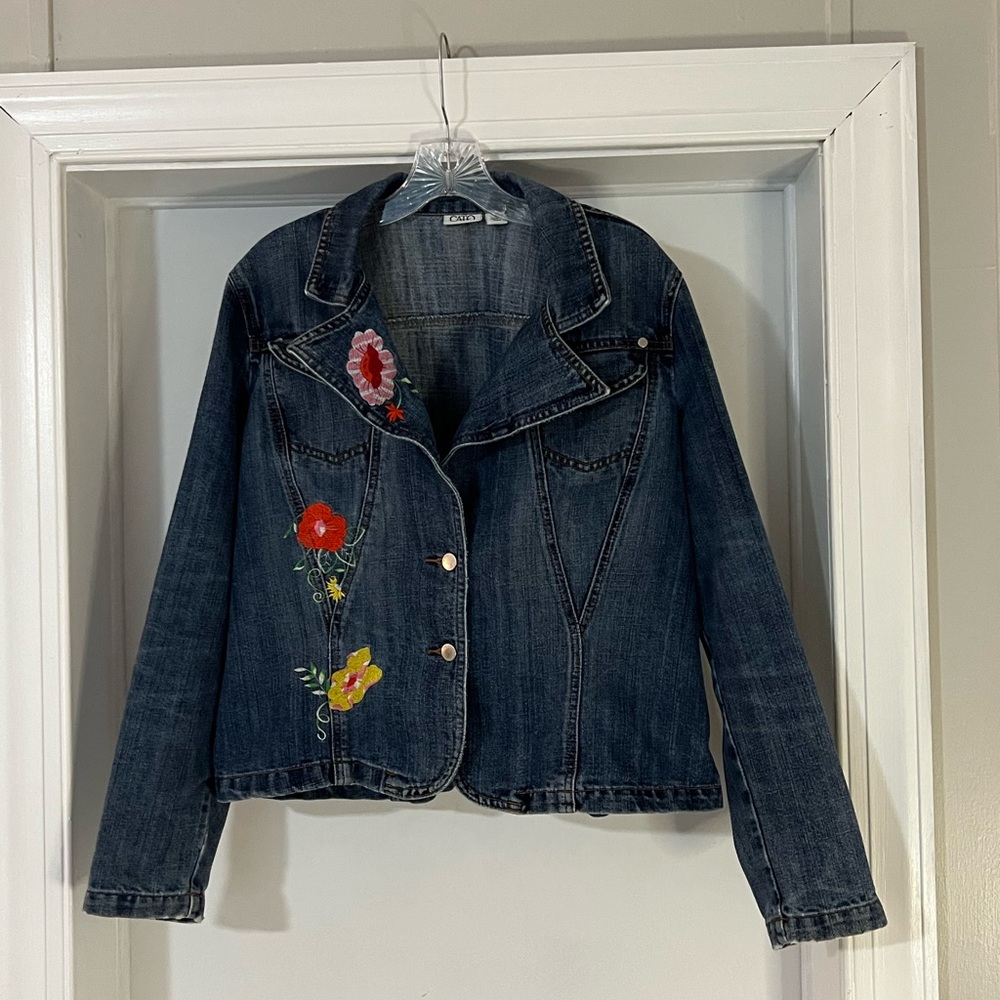 Cato Denim Jacket Womens XL Floral Embroidered Hippie Biker